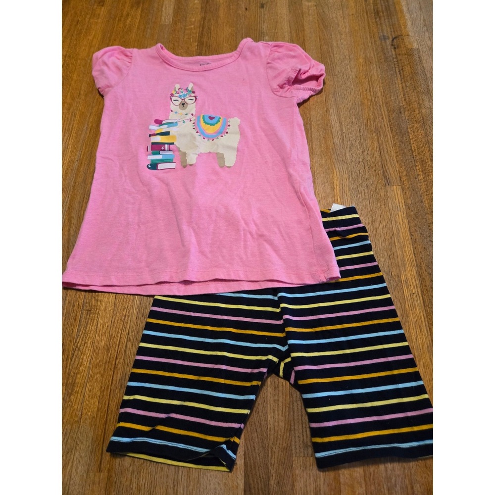 Crown & Ivy Girls Medium Pink‎ Llama Books Puff Short Sleeve Striped Short Set